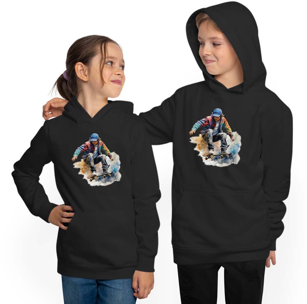 Hooded Skater sweatshirt hoodie for kids - jumping skateboarder in oil paint look i553